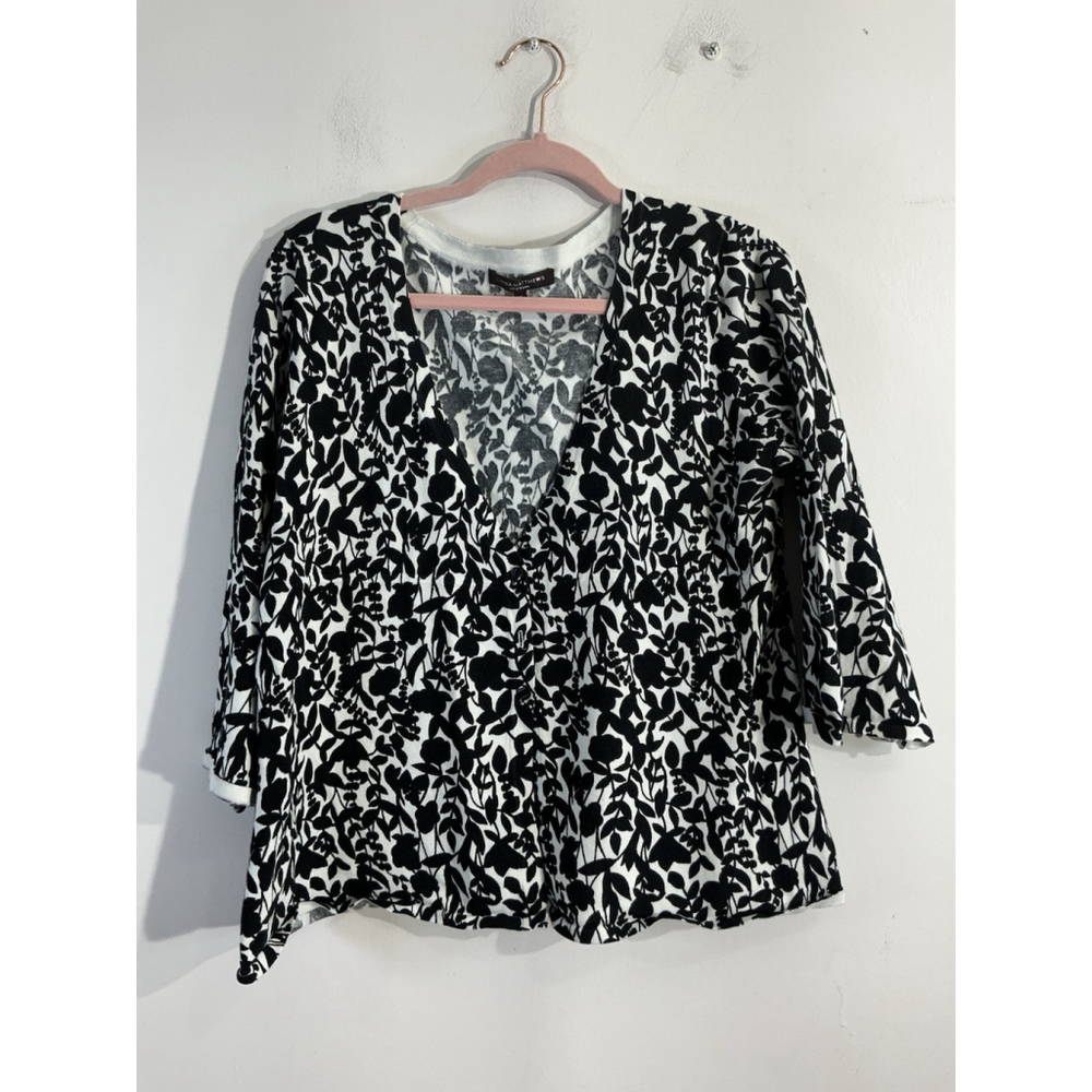 Womans Linda Mathews Ny XL Black White Floral Button Up 3/4 Sleeve Cardigan